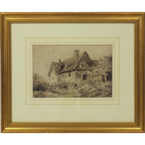 1021 - William Sawre Gilpin - Sepia watercolour view of thatched cottage, mounted and gilt framed, 31cm x 2... 