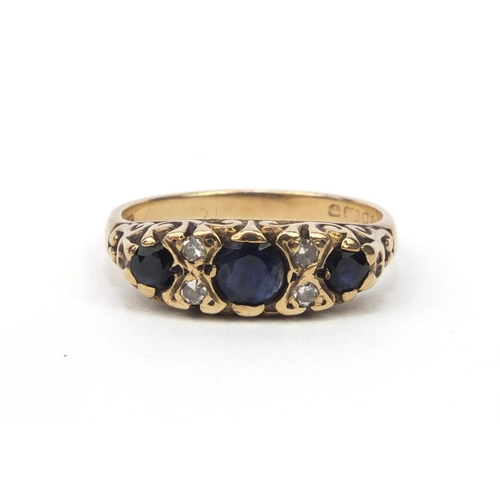 871 - 9ct gold sapphire and diamond ring, size M, approximately 3.1g