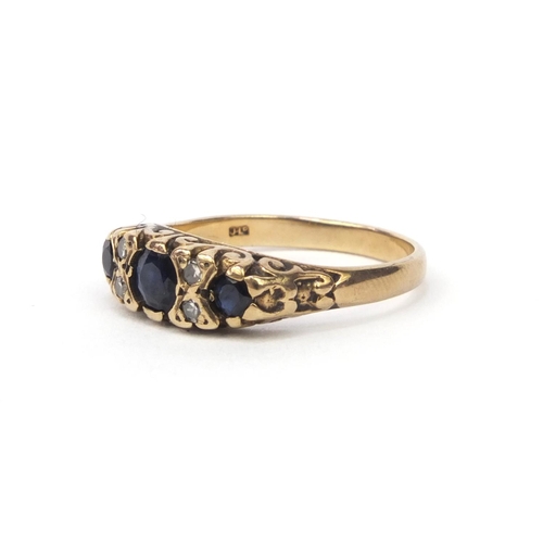 871 - 9ct gold sapphire and diamond ring, size M, approximately 3.1g