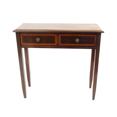 2051 - Inlaid mahogany side table with fitted with two frieze drawers, 66cm high x 67cm wide x 25cm deep