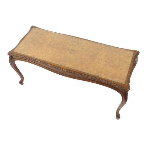 2059 - French stlye carved Burr Walnut coffee table with glass top, 48cm high x 104cm wide x 40cm deep