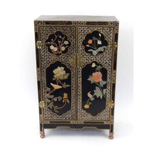 2046 - Oriental inlaid black lacquered cabinet, decorated with birds and foliage, 99cm high x 65cm wide x 3... 
