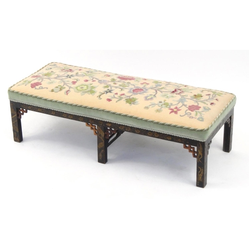 2058 - Chinese black lacquered Chinoiserie foot stool, with needle point upholstery, 26cm high x 92cm wide ... 