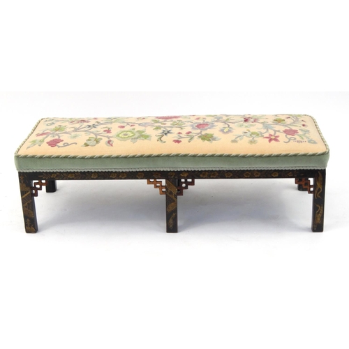 2058 - Chinese black lacquered Chinoiserie foot stool, with needle point upholstery, 26cm high x 92cm wide ... 