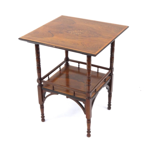 2031 - Edwardian inlaid rosewood occasional table with galleried under tier, 63cm high x 51cm square