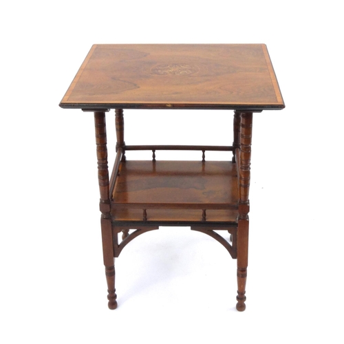 2031 - Edwardian inlaid rosewood occasional table with galleried under tier, 63cm high x 51cm square