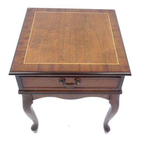 71 - Inlaid mahogany table fitted with a frieze drawer, raised on cabriole legs, 58cm high x 50cm square