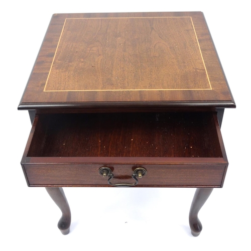 71 - Inlaid mahogany table fitted with a frieze drawer, raised on cabriole legs, 58cm high x 50cm square