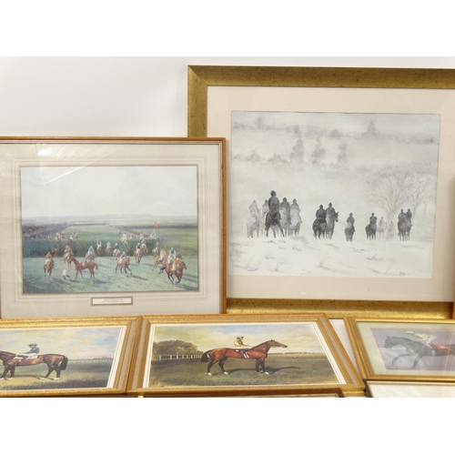 353 - Ten horse racing prints and a watercolour view of huntsman on horseback silhouettes