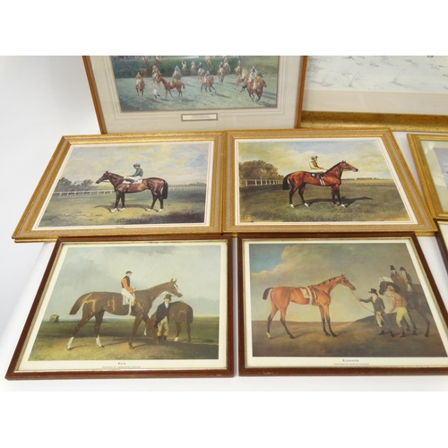 353 - Ten horse racing prints and a watercolour view of huntsman on horseback silhouettes