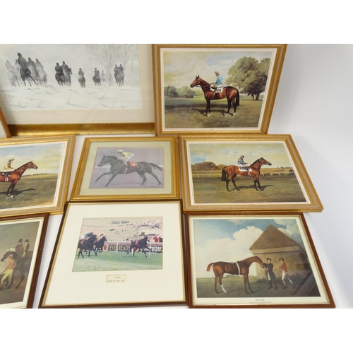 353 - Ten horse racing prints and a watercolour view of huntsman on horseback silhouettes