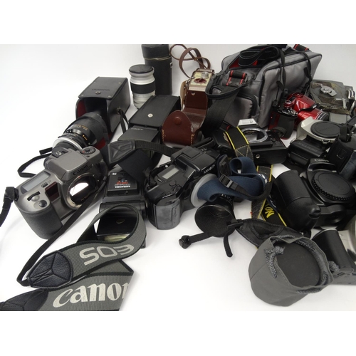 291 - Two boxes of assorted cameras lenses and accessories including Nikon, Minolta, Senton and Pentax exa... 