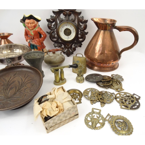 500 - Box of metal and wooden ornaments including a copper Gallon jug, carved barometer, bells, napkin rin... 