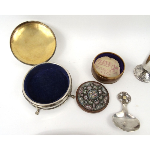 362 - Small collection of metal wares including a micro mosaic pot with lid, silver plated fish slice, jew... 