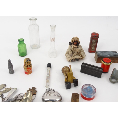 396 - Bag of objects including wooden ink blocks, dolls house items, silver plated spoons etc