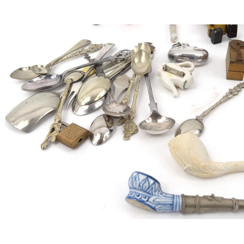 396 - Bag of objects including wooden ink blocks, dolls house items, silver plated spoons etc