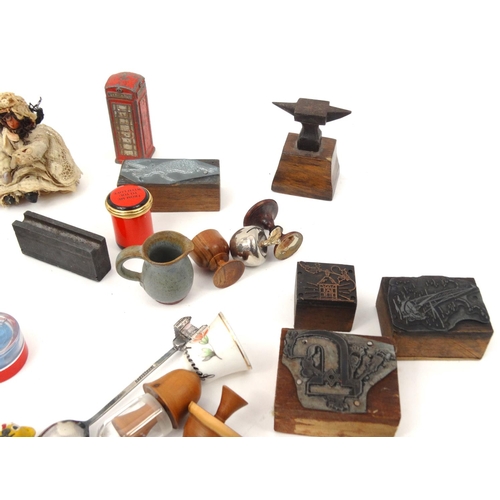 396 - Bag of objects including wooden ink blocks, dolls house items, silver plated spoons etc