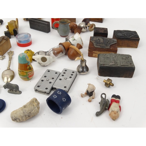 396 - Bag of objects including wooden ink blocks, dolls house items, silver plated spoons etc