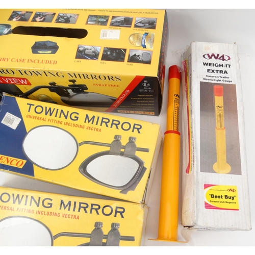 321 - Selection of boxed caravan towing mirrors and a caravan weight gauge