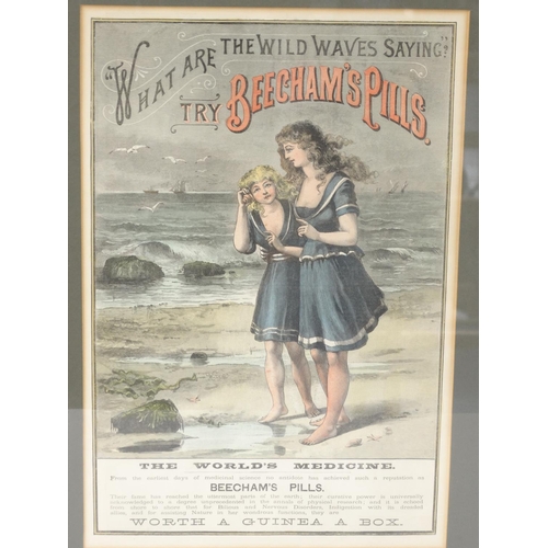 487 - Beecham's Pills advertising poster titled 'What are the Wild Waves Saying', mounted and framed, 37cm... 