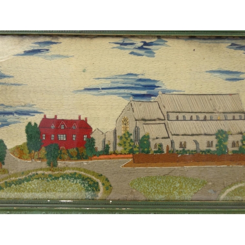 179 - Framed vintage wool work of a church, 49cm x 25cm excluding the frame