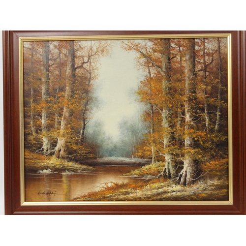 55 - Pair of Galti signed oil on canvas views of a stream through woodland, one with labels to the revers... 