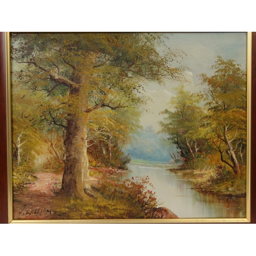 55 - Pair of Galti signed oil on canvas views of a stream through woodland, one with labels to the revers... 