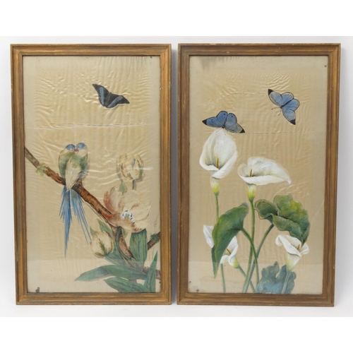 114 - Pair of oriental watercolour onto silk views of butterflies, birds and flowers both gilt framed, 83c... 