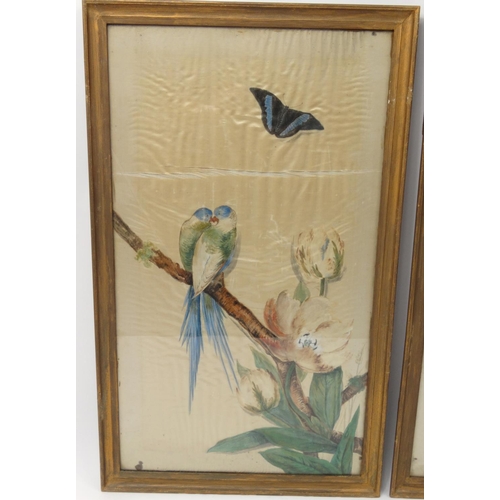 114 - Pair of oriental watercolour onto silk views of butterflies, birds and flowers both gilt framed, 83c... 