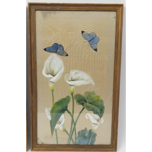 114 - Pair of oriental watercolour onto silk views of butterflies, birds and flowers both gilt framed, 83c... 