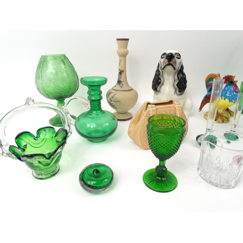 295 - Assorted china and glassware including a Victorian hand painted glass vase, colourful glass cockerel... 