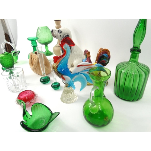 295 - Assorted china and glassware including a Victorian hand painted glass vase, colourful glass cockerel... 