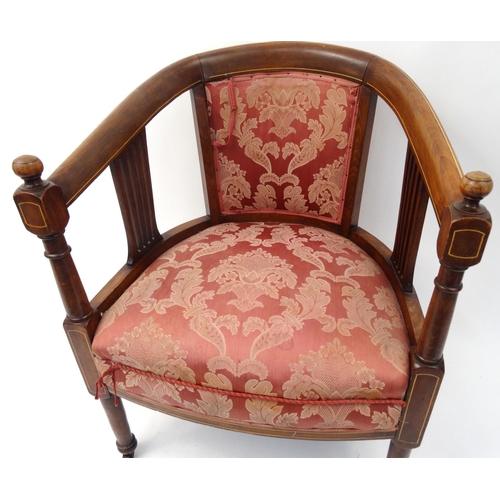 2 - Edwardian inlaid mahogany tub chair with pink floral upholstery