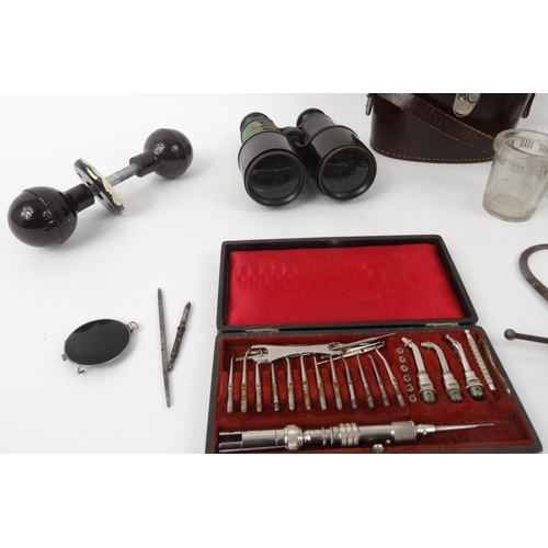 520 - Box of items including W.Gregory and co binoculars, dental tools etc