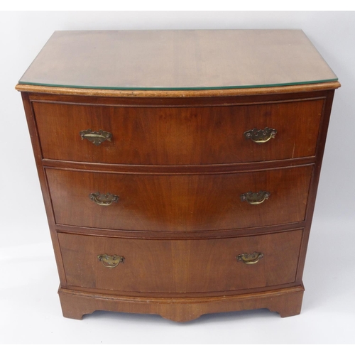 21 - Walnut bow fronted three drawer chest, 85cm high x 80cm wide x 48cm deep