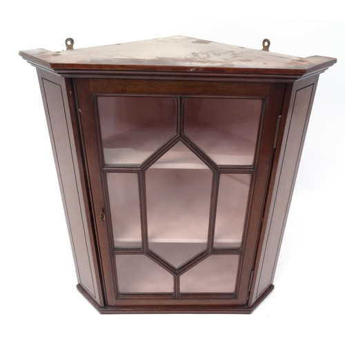 5 - Glazed mahogany hanging corner cabinet 52cm high x 48cm wide x 33cm deep