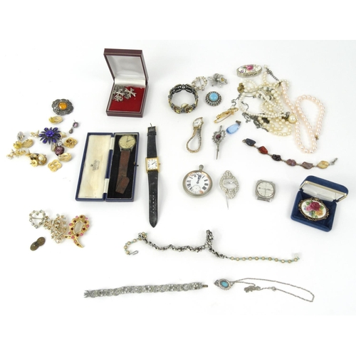 384 - Box of assorted costume jewellery including necklaces, brooches, watches etc