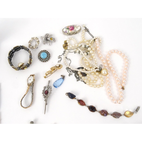 384 - Box of assorted costume jewellery including necklaces, brooches, watches etc