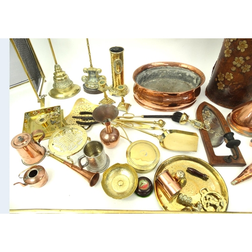 215 - Box of assorted copper and brass items with a selection of brass fire tools including a fender and c... 