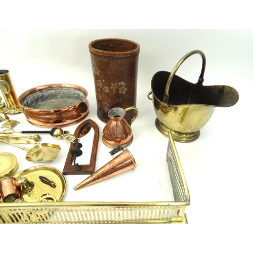 215 - Box of assorted copper and brass items with a selection of brass fire tools including a fender and c... 