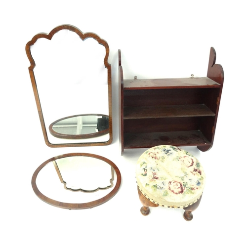 73 - Two wall hanging mirrors, a mahogany stool with tapestry seat and a set of mahogany wall hanging she... 