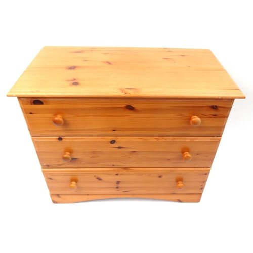 94 - Pine three drawer chest, 69cm high x 82cm wide x 44cm deep