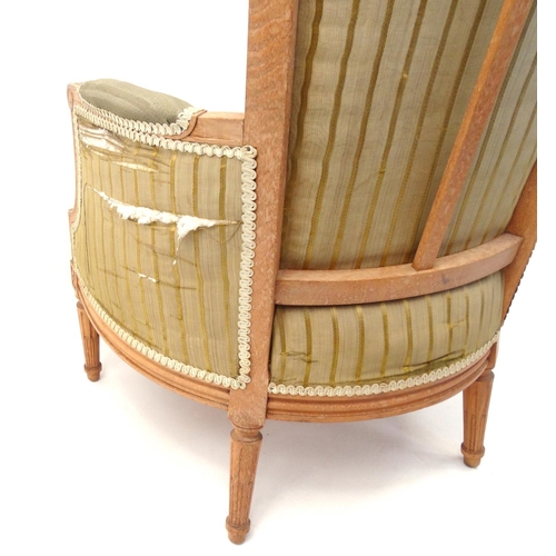 60 - Light wood open armchair with green striped upholstery