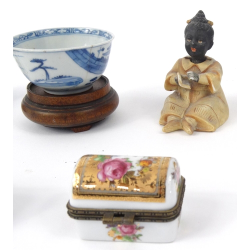 534 - Small selection of china half pin dolls, Oriental figures, blue and white tea bowl etc.