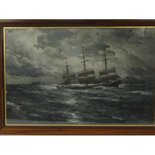 30 - Schnars-alquaist print of a ship on a stormy sea, mahogany framed 93cm x 60cm excluding frame