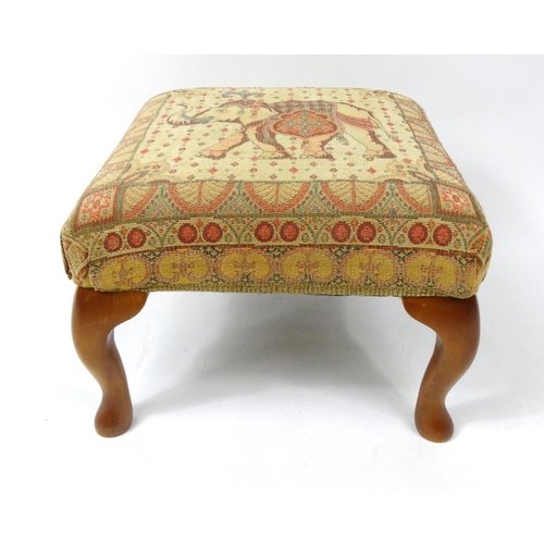 92 - Square footstool with elephant tapestry upholstery, 35cm high x 47cm square