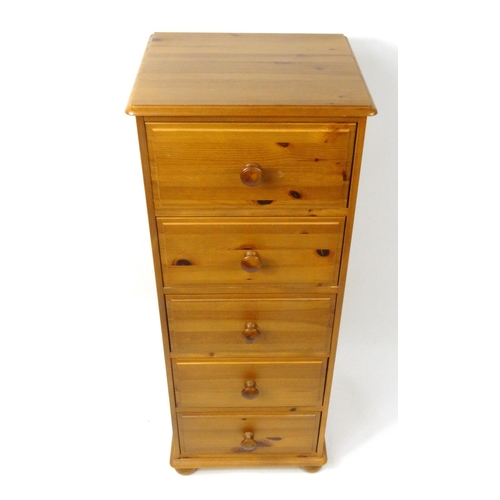 40 - Pine five drawer tall boy, 114cm high x 45cm wide x 39cm deep