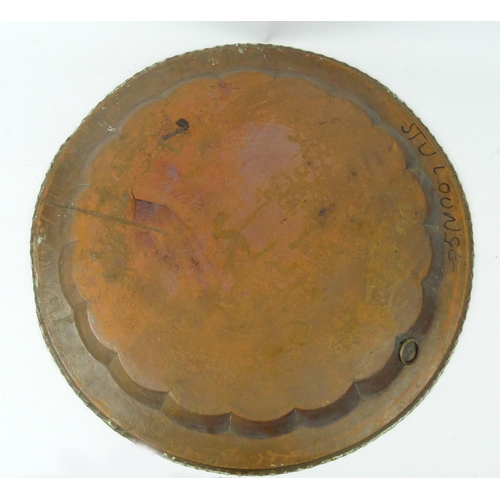 316A - Large circular Middle Eastern copper tray with engraved decoration ,78cm diameter