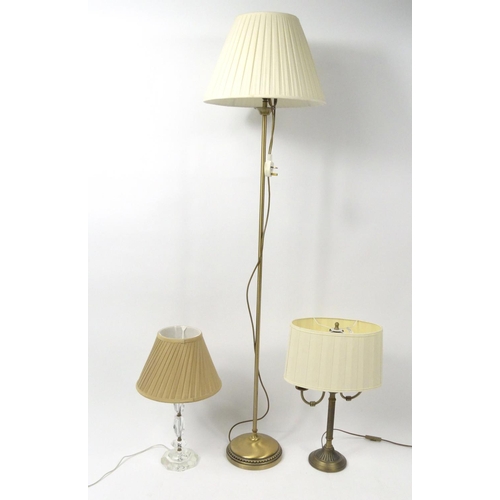 118 - Two brass and glass table lamps and a brass standard lamp, all with pleated shades