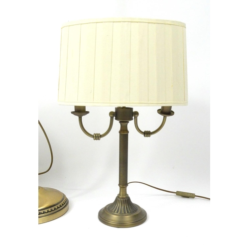 118 - Two brass and glass table lamps and a brass standard lamp, all with pleated shades